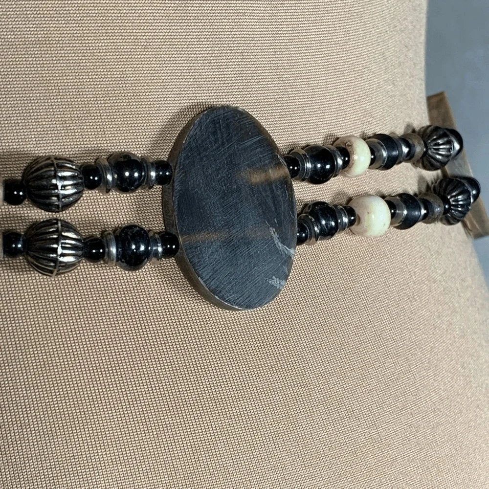 Vintage Reversible Beaded Waist Belt‎ Wood Disc Boho Western Adjustable Chain
